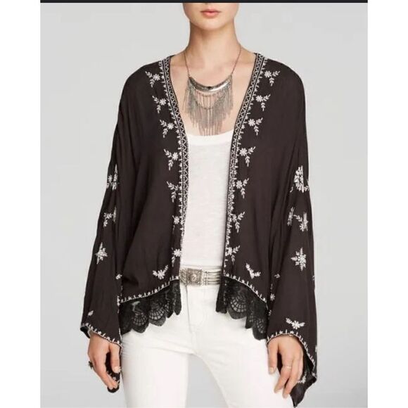 Free People Embroidered kimono cardigan in washed black gray xs - Picture 1 of 9